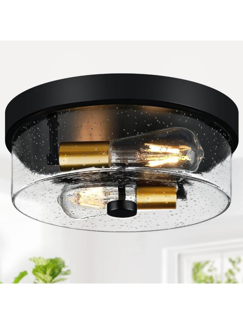 Stylish Black and Gold Flush Mount Ceiling Light Fixture with Seeded Glass Shade